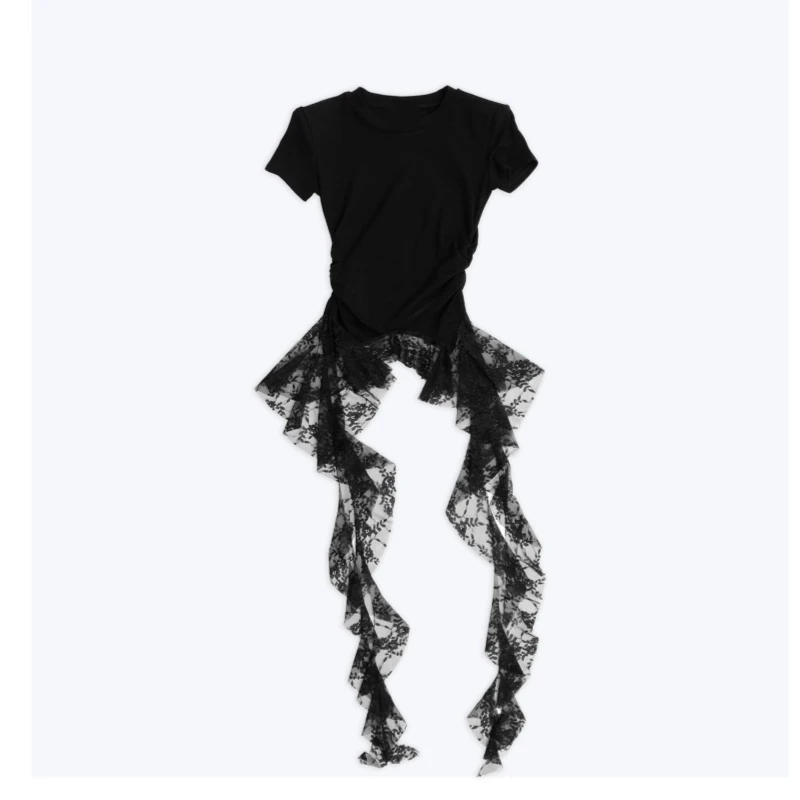 黑色圆领蕾丝飘带短袖t恤女夏季修身褶皱不规则上衣2025新款