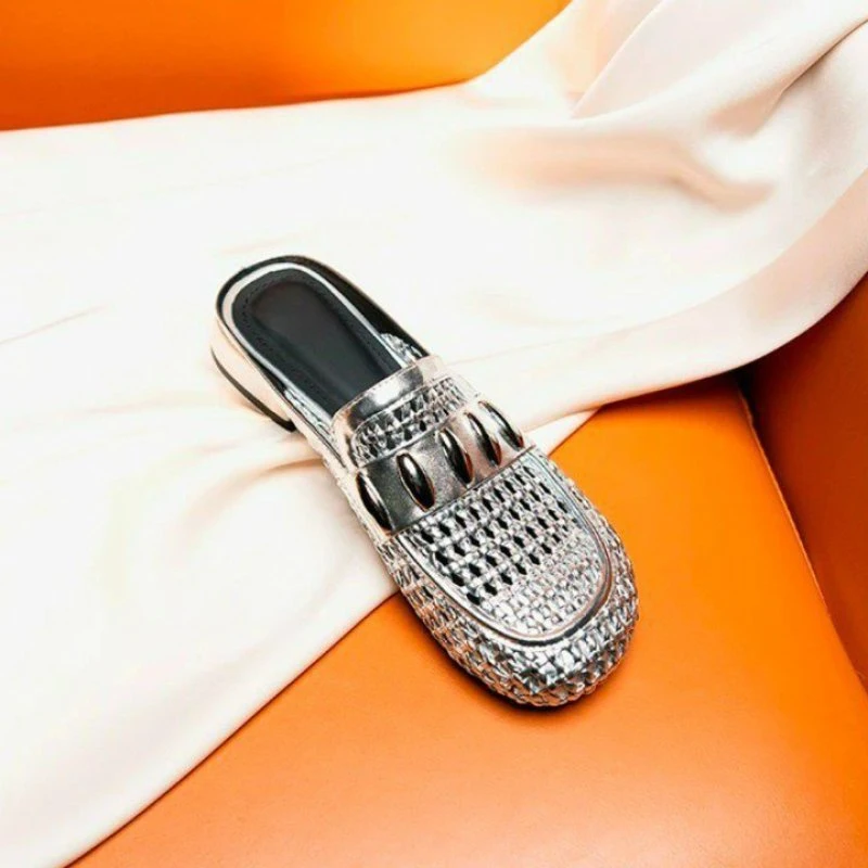 设计感小众编织镂空包头凉拖鞋2025夏季新款外穿圆头粗跟穆勒鞋女