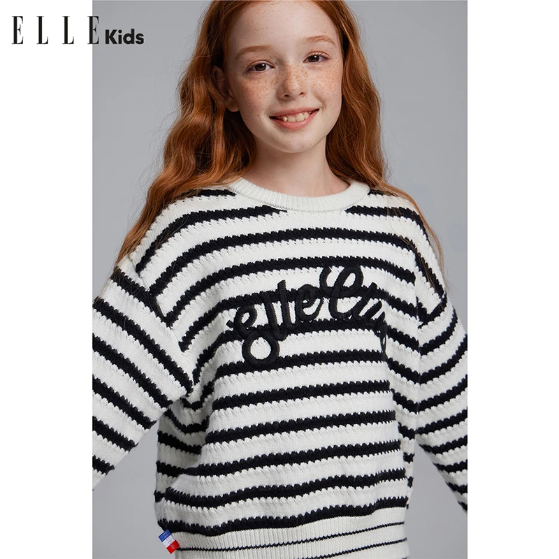ELLE KIDS童装秋季法式复古经典宽松圆领条纹仿手工绣毛衣Q4