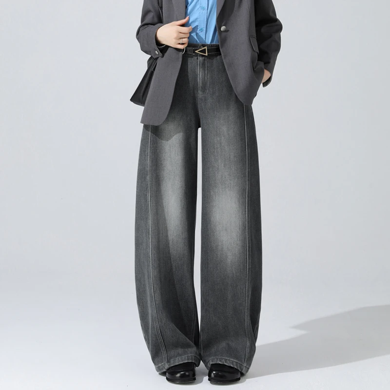 烟灰色加绒牛仔裤女冬款爆款2025新款冬季加厚高腰垂感阔腿弯刀裤