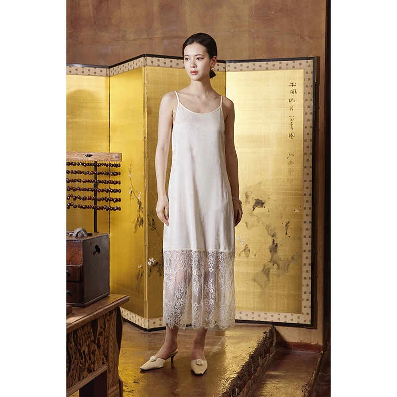 叶初冉丨随地【蝉吟】拼接半透花边 新中式桑蚕丝日常U领吊带连衣裙