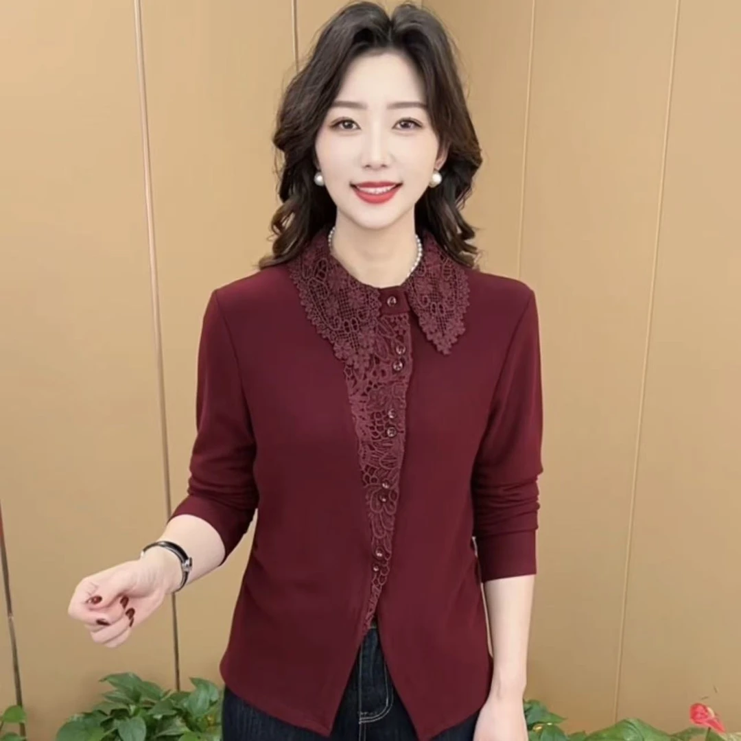 秋冬新款时尚蕾丝拼接双面绒妈妈装显瘦气质百搭长袖上衣K2559