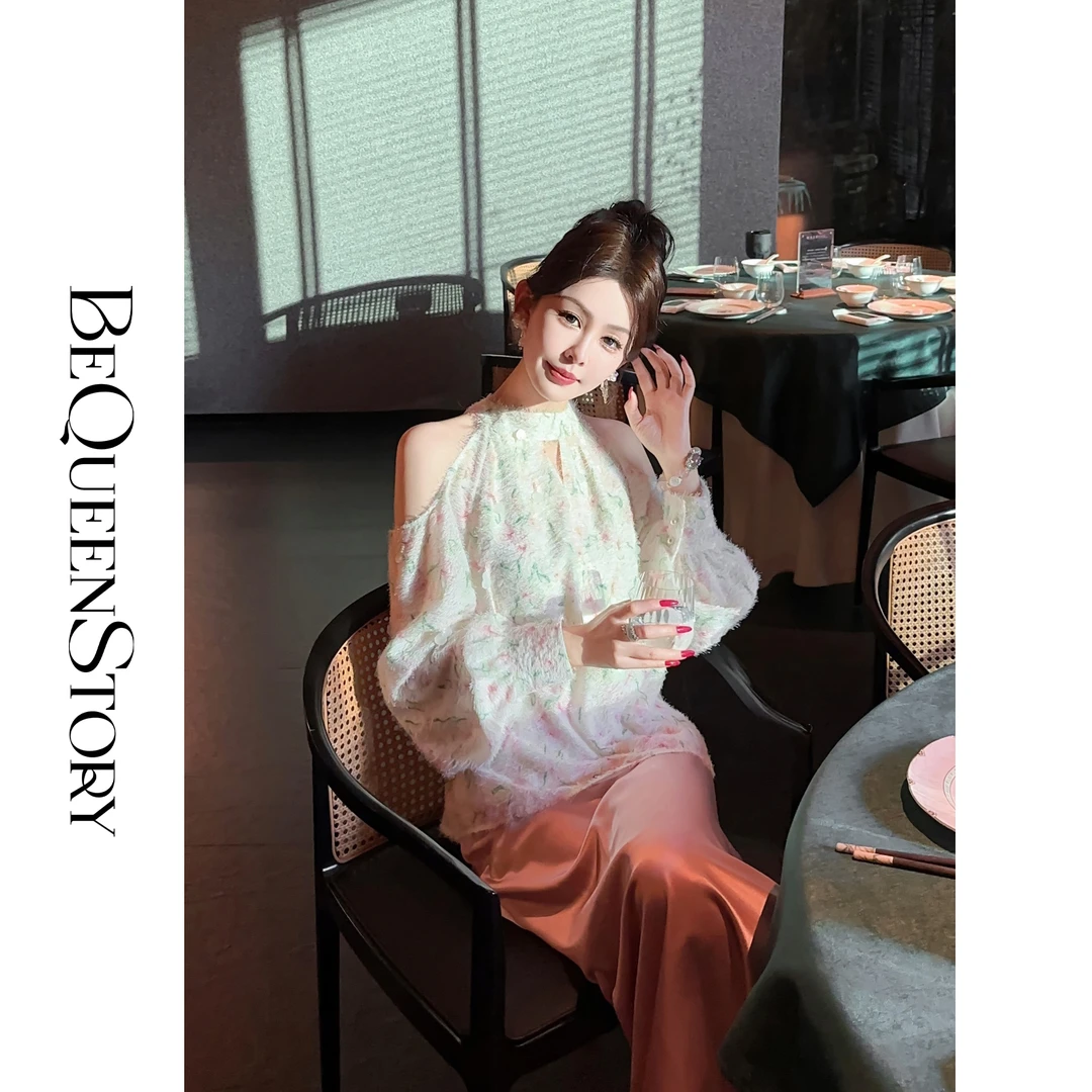 余潇潇【春风十里】仙气剪花流苏性感露肩挂脖衬衫2025新款