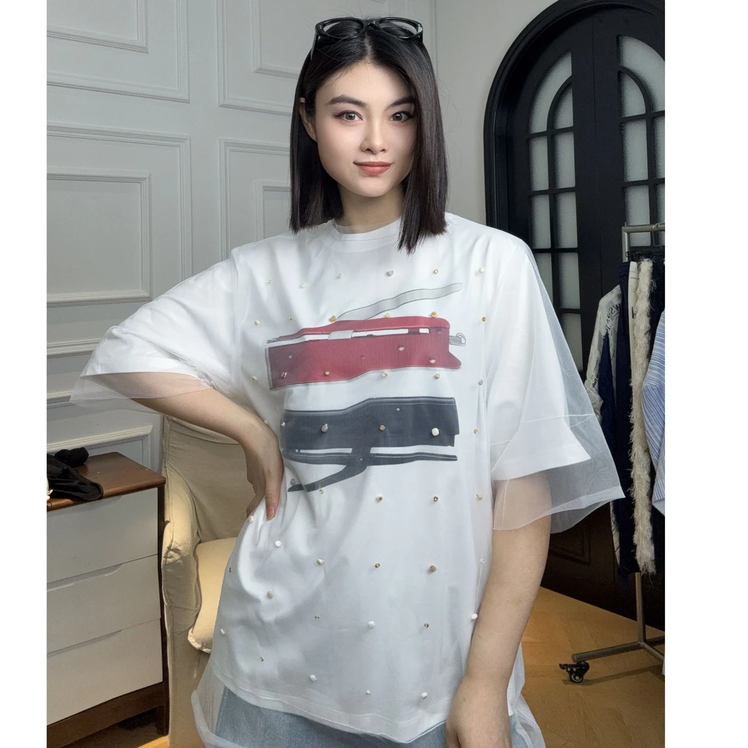 有尾YOUWEI钉珠网纱衫Y1125223夏季女款宽松白色半袖时尚圆领个性