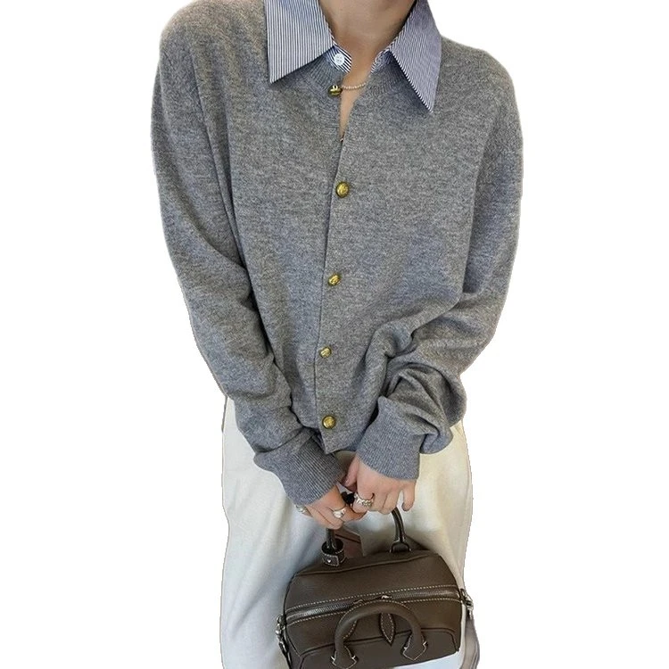 俞兆林2025秋季新款时尚通勤韩版拼衬衫领假两单排扣针织开衫背心