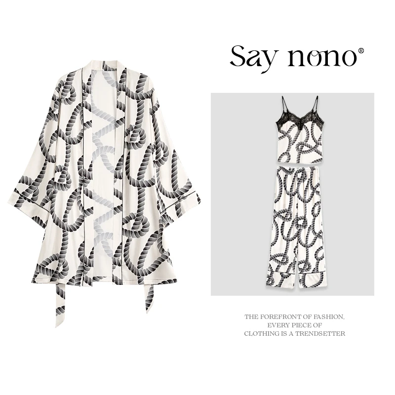 Say nono【懒猫nono】冰丝贡缎捆绳系吊带长裤外袍家居服3件套睡衣