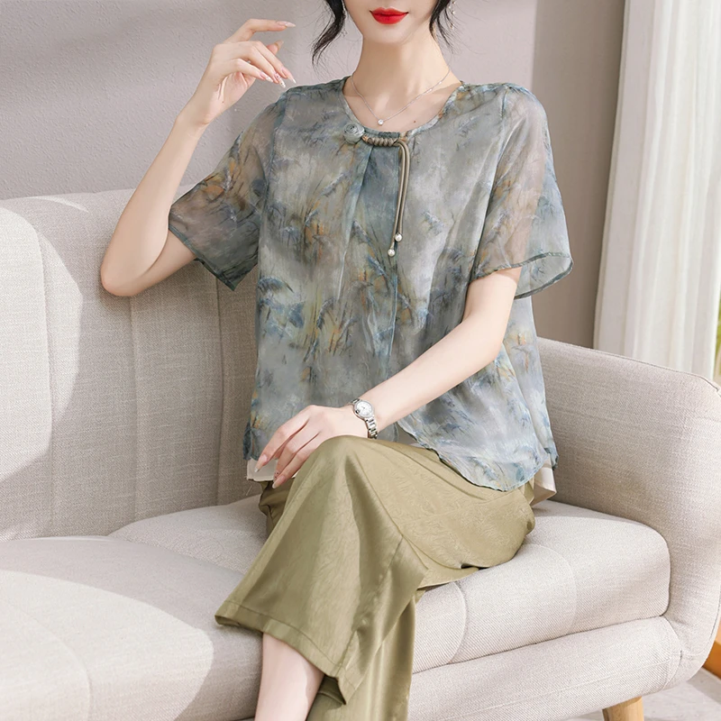 新中式妈妈夏装套装2025新款雪纺小衫中老年女装夏季洋气短袖上衣