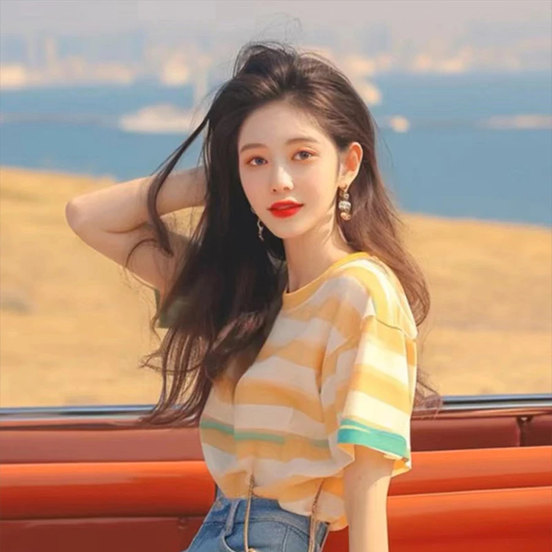 设计感休闲黄色条纹短袖t恤女2025夏季新款宽松洋气氛围感上衣女