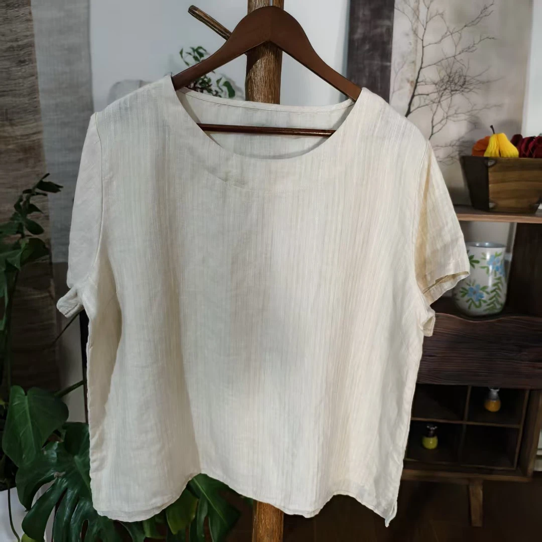 【大梅子推荐】设计款亚麻圆领上衣 X5670C