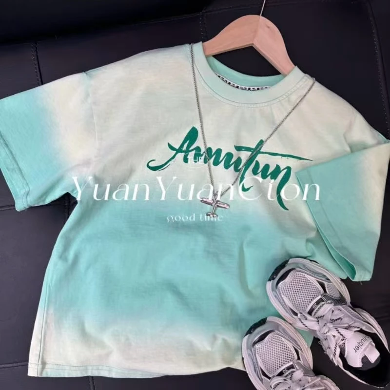 男童短袖t恤2025新款炸街痞帅中大童夏装T男孩扎染儿童装夏季套装