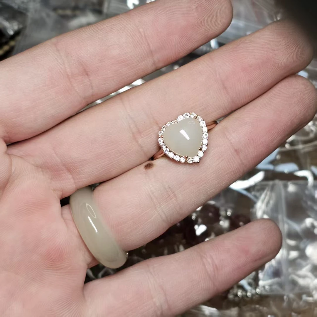 （桃）夸张爱心和田玉戒指精工镶嵌百搭戒指