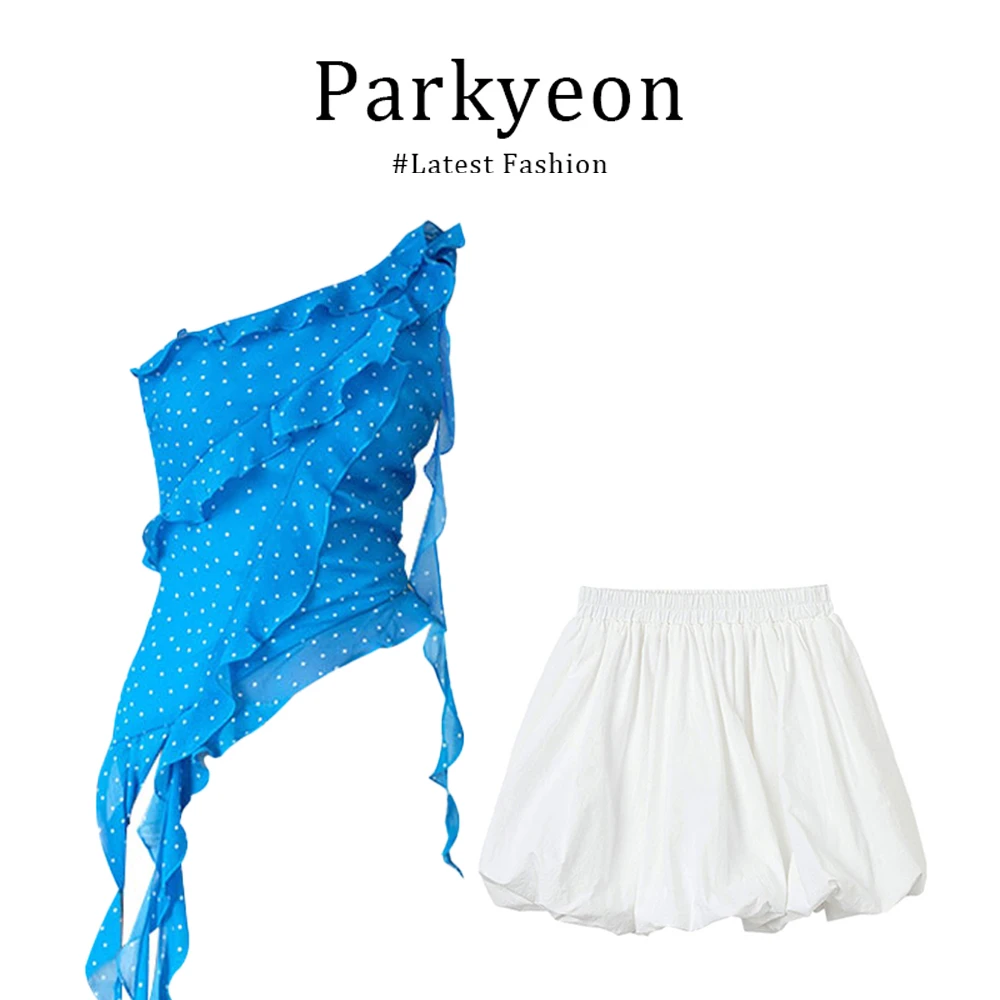 parkyeon法式不规则荷叶边飘带露肩波点无袖上衣花苞半身裙两件套