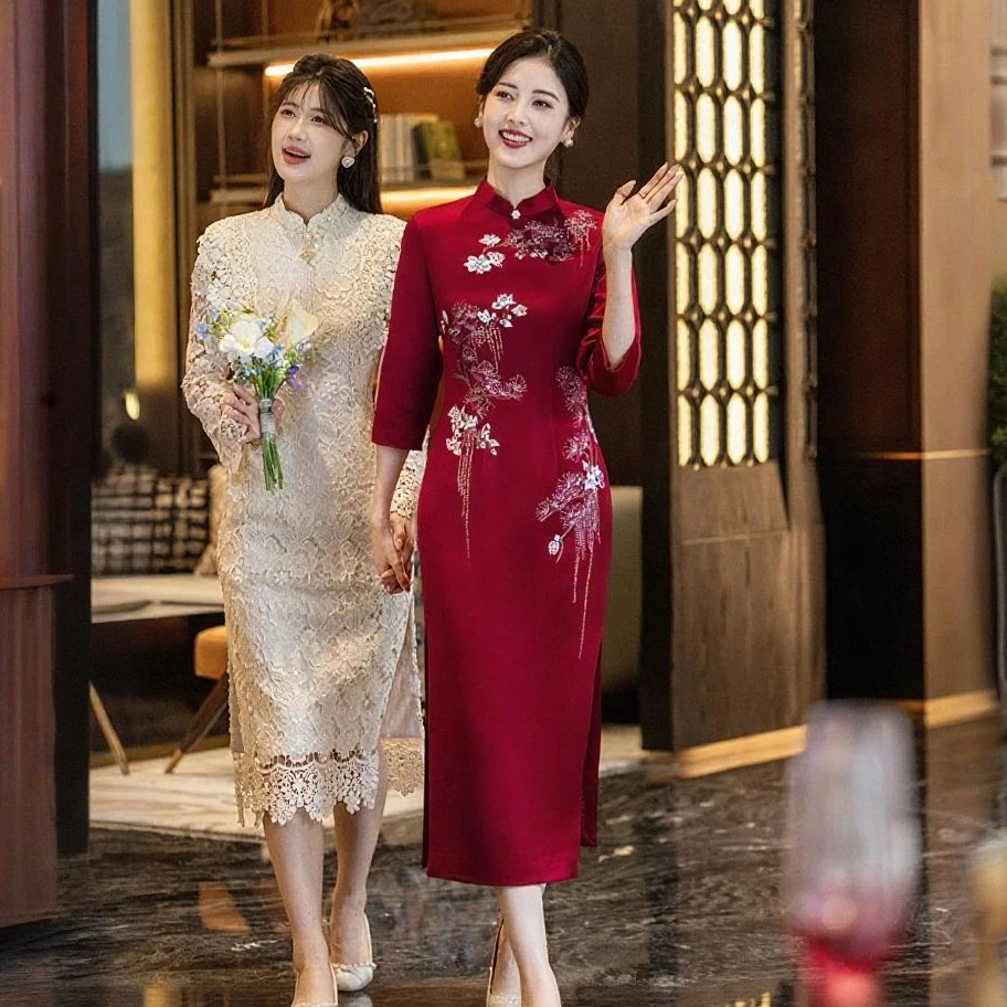 高端妈妈重工旗袍秋冬新款年轻高贵气质喜婆婆婚宴礼服连衣裙喜服