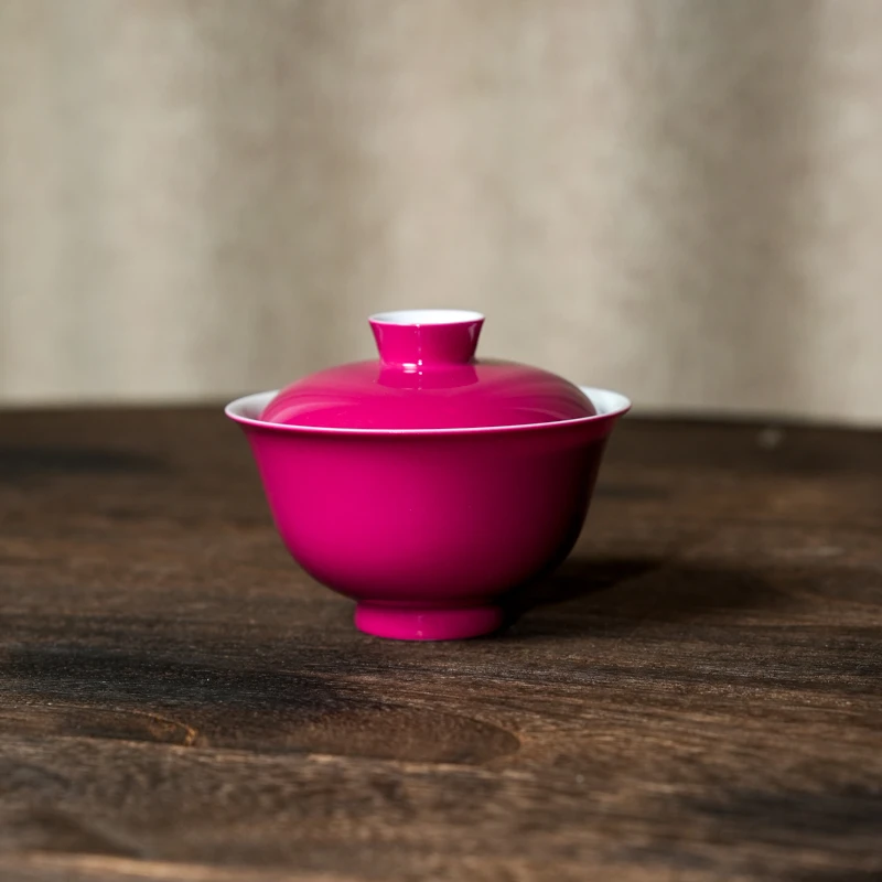 【墨舍名窑】徐窑胭脂红元宝盖碗 xuyao117
