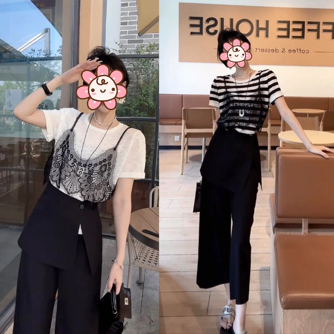 洋气套装衣服女2025夏季假两件蕾丝拼接短袖T恤+气质腰封阔腿裤子