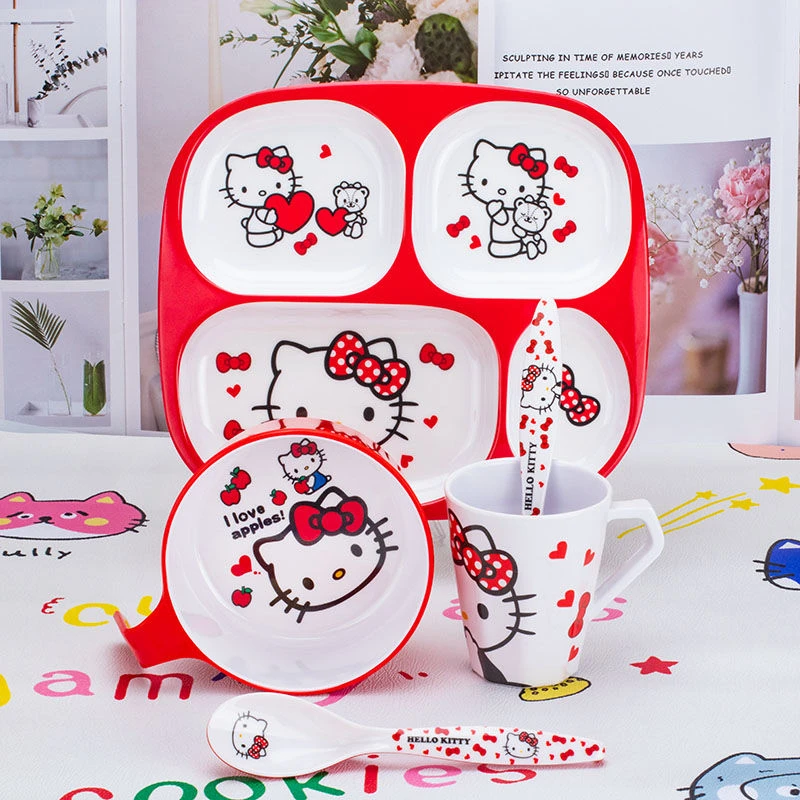 卡通餐盘家用饭碗儿童碗kt猫碗宝宝分格餐盘耐摔学生幼儿园碗杯盘