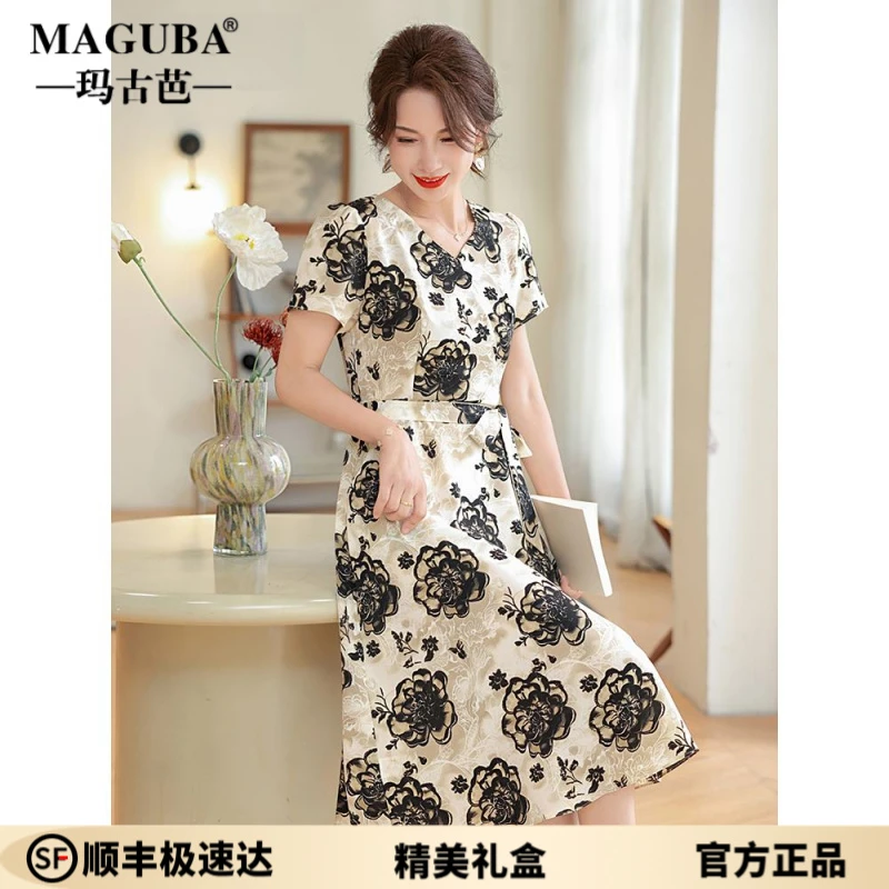 玛古芭妈妈夏装连衣裙端庄大气2025新款中年女士夏季短袖洋气裙子