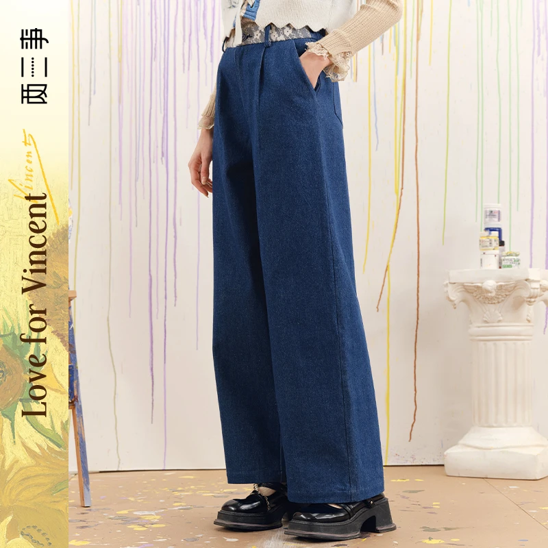 两三事童话梦窗 印花口袋蕾丝阔腿牛仔裤S24DKN201