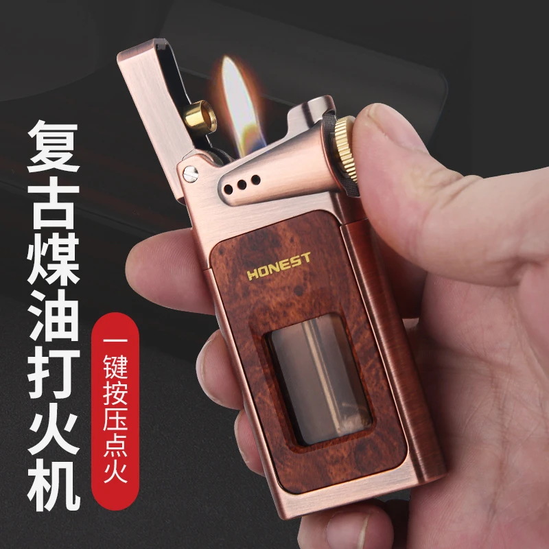 新品百诚龙角金属透明油仓复古煤油打火机男生礼盒高档礼物
