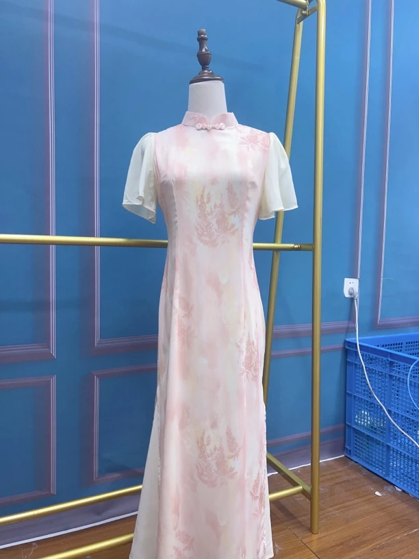 W-2899 茵梦 云锦丝 鱼尾奥黛 双层 夏款年轻款改良旗袍125cm长款