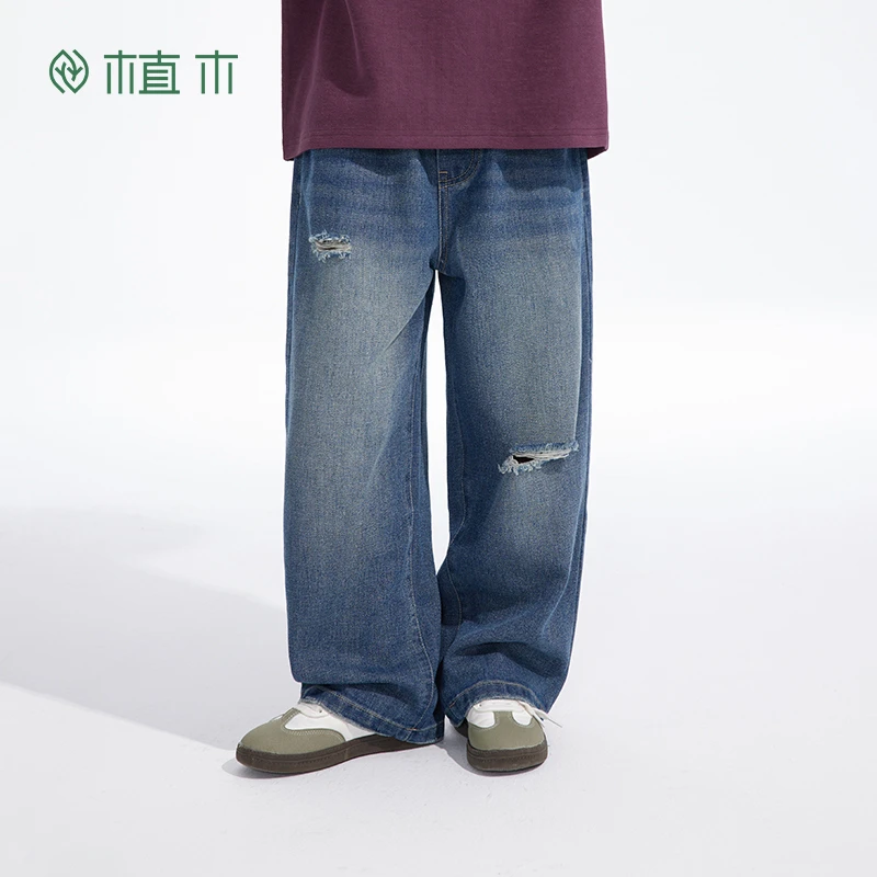 植木童装男童裤子2025新款春季中大童水洗破洞牛仔裤长裤儿童裤子