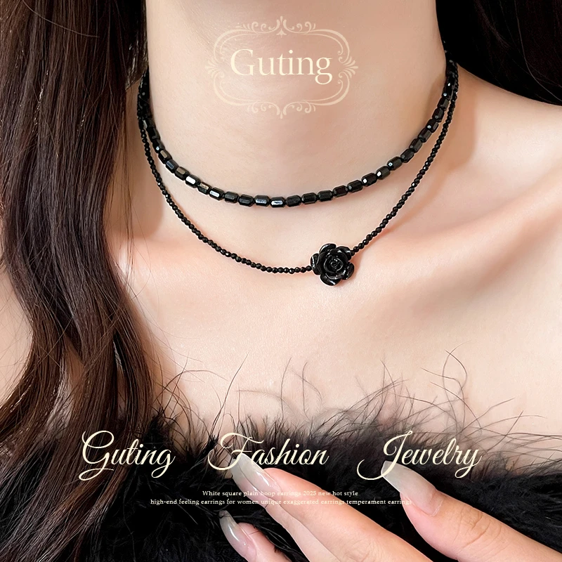 铜合金项链 6662双层黑色米粒串珠玫瑰花朵项链女轻奢小众锁骨链