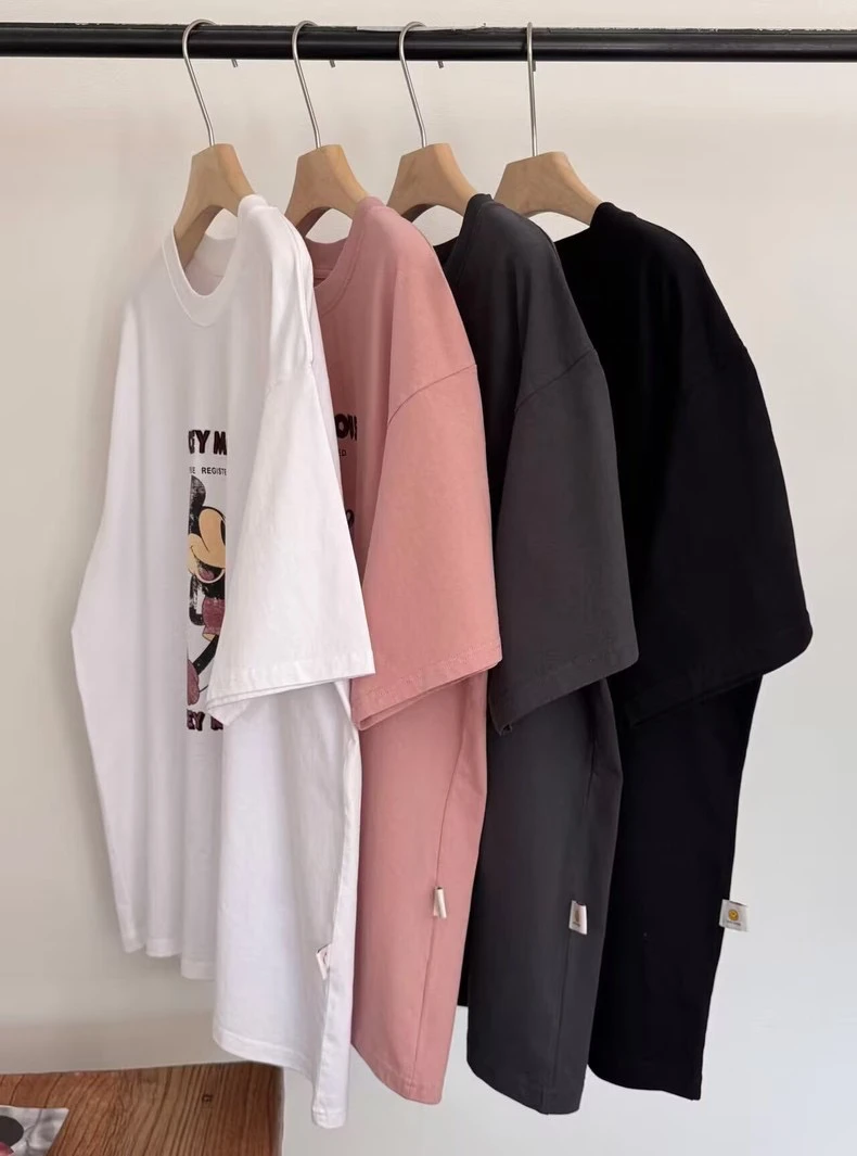 皇冠2025春季韩版卡通米奇字母印花中长款宽松显瘦圆领短袖T恤女