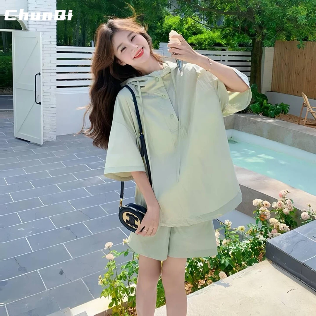 淳启运动套装薄荷绿休闲宽松连帽防晒衣夏日减龄小清新跑步两件套