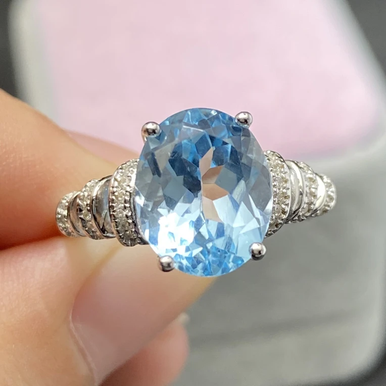 天然托帕石蓝色戒指s925银9*11mm轻奢精致满钻时尚百搭开口戒Y2