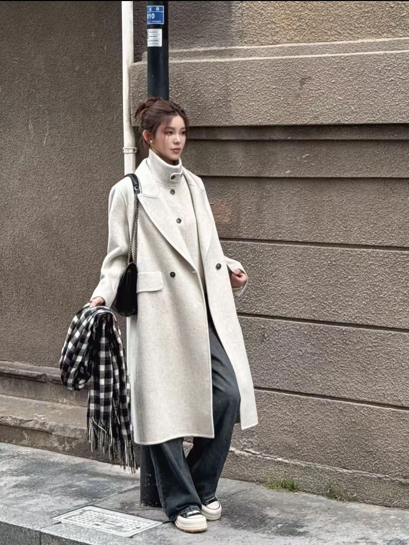 毛呢外套呢子羊毛外套保暖宽松西装秋冬长款时尚中长款双面呢气质