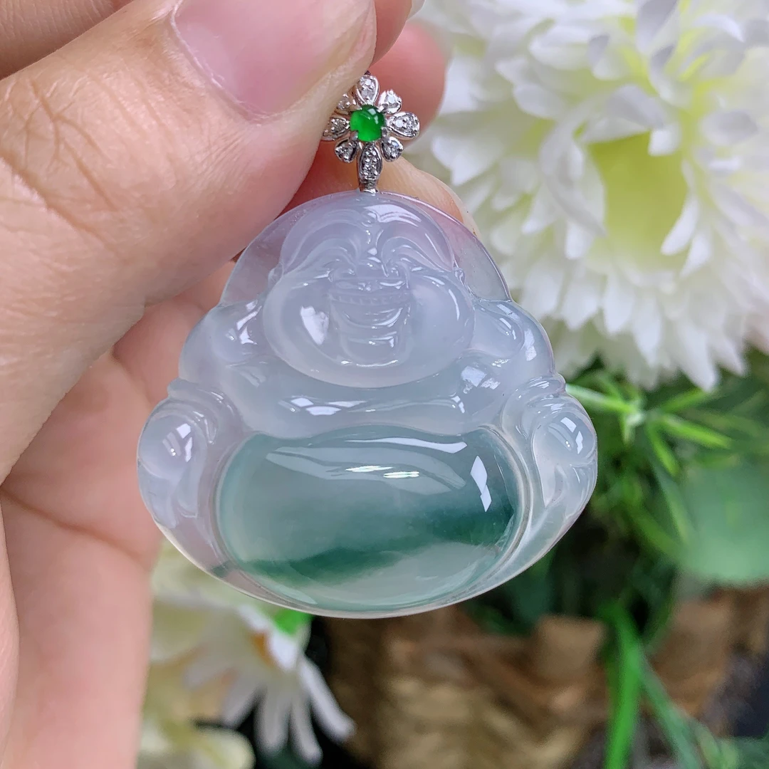 缅甸天然翡翠A货18k冰种起胶飘花佛公吊坠宝尺寸32.4/34.8/6.4mm