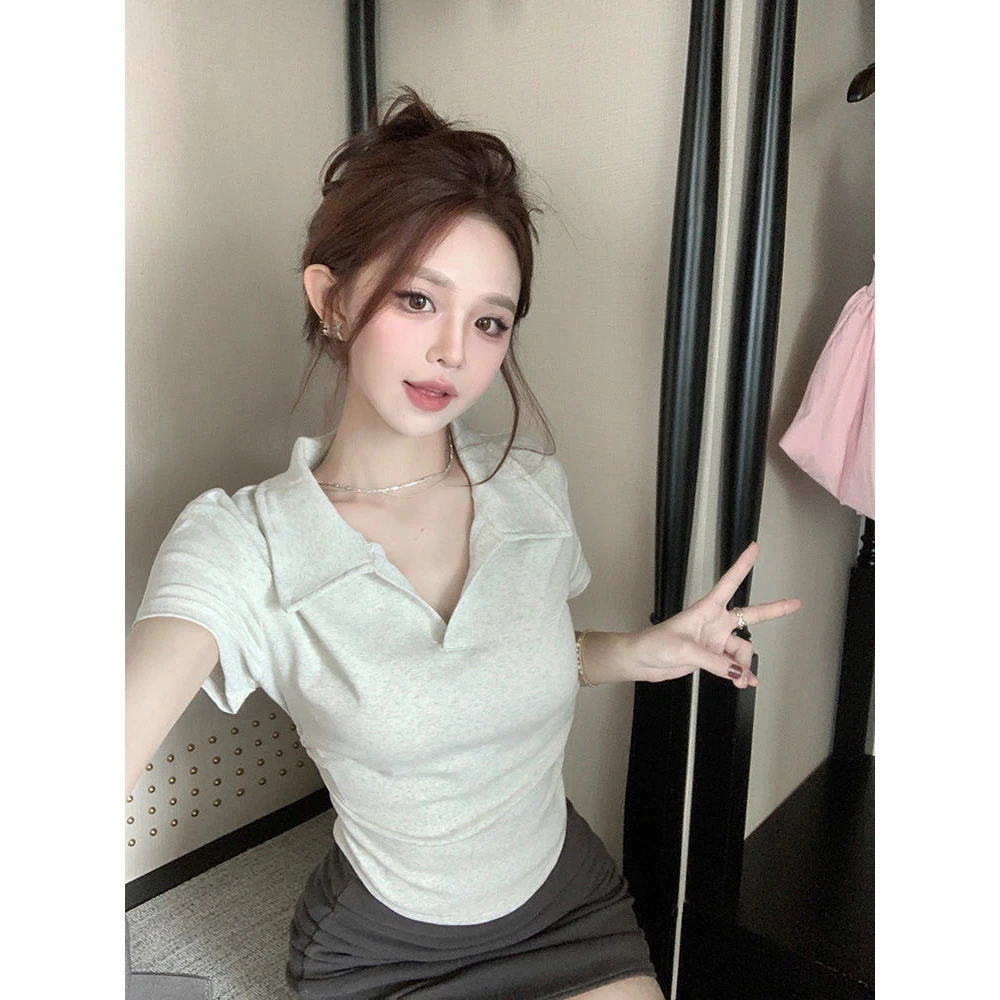 polo衫翻领纯棉短袖t恤女2025新款修身夏季弧形下摆洋气白色上衣