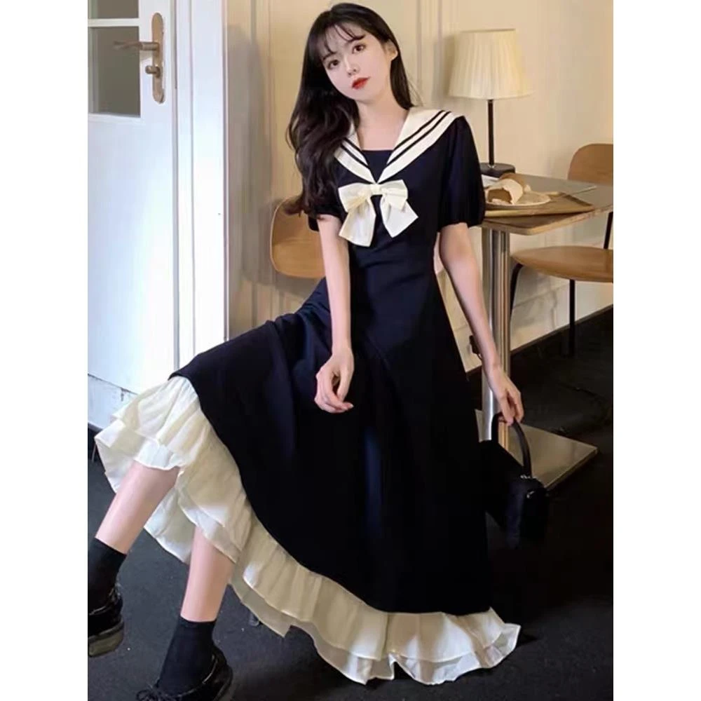 【万达撤柜】日系甜美减龄海军领学院风连衣裙夏季大码胖mm荷叶边