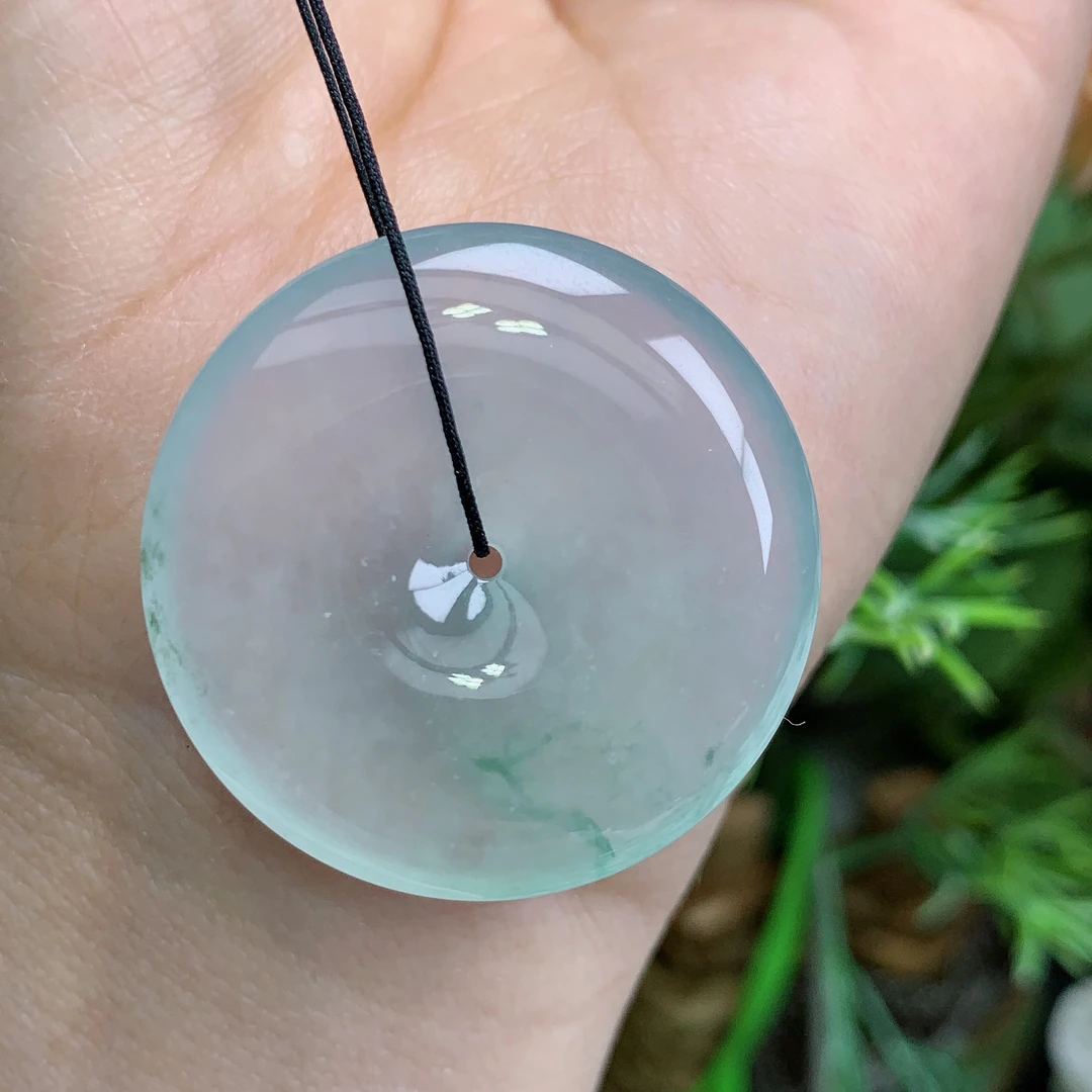 缅甸天然翡翠a货玉石高冰起胶飘花平安扣吊坠钟尺寸32.5/6.2mm