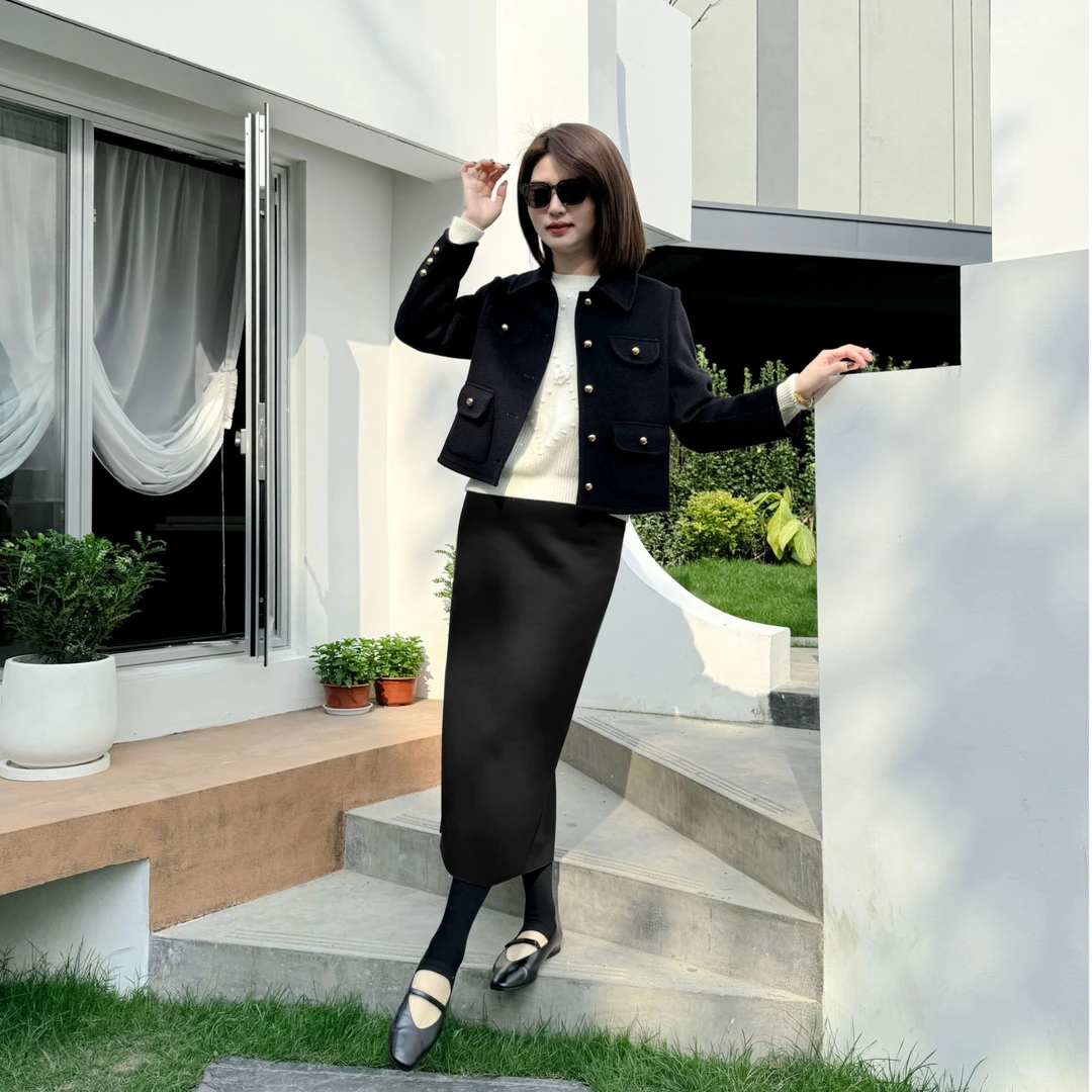 YOYOCROWN 山羊绒+绵羊毛软糯翻领短款双面显瘦澳毛短外套