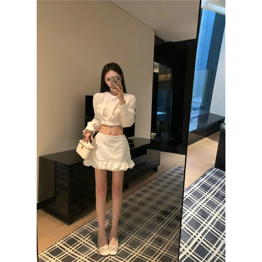 气质温婉大方清茶白色短款衬衣上衣短裙套装夏两件套装夏季衬衫