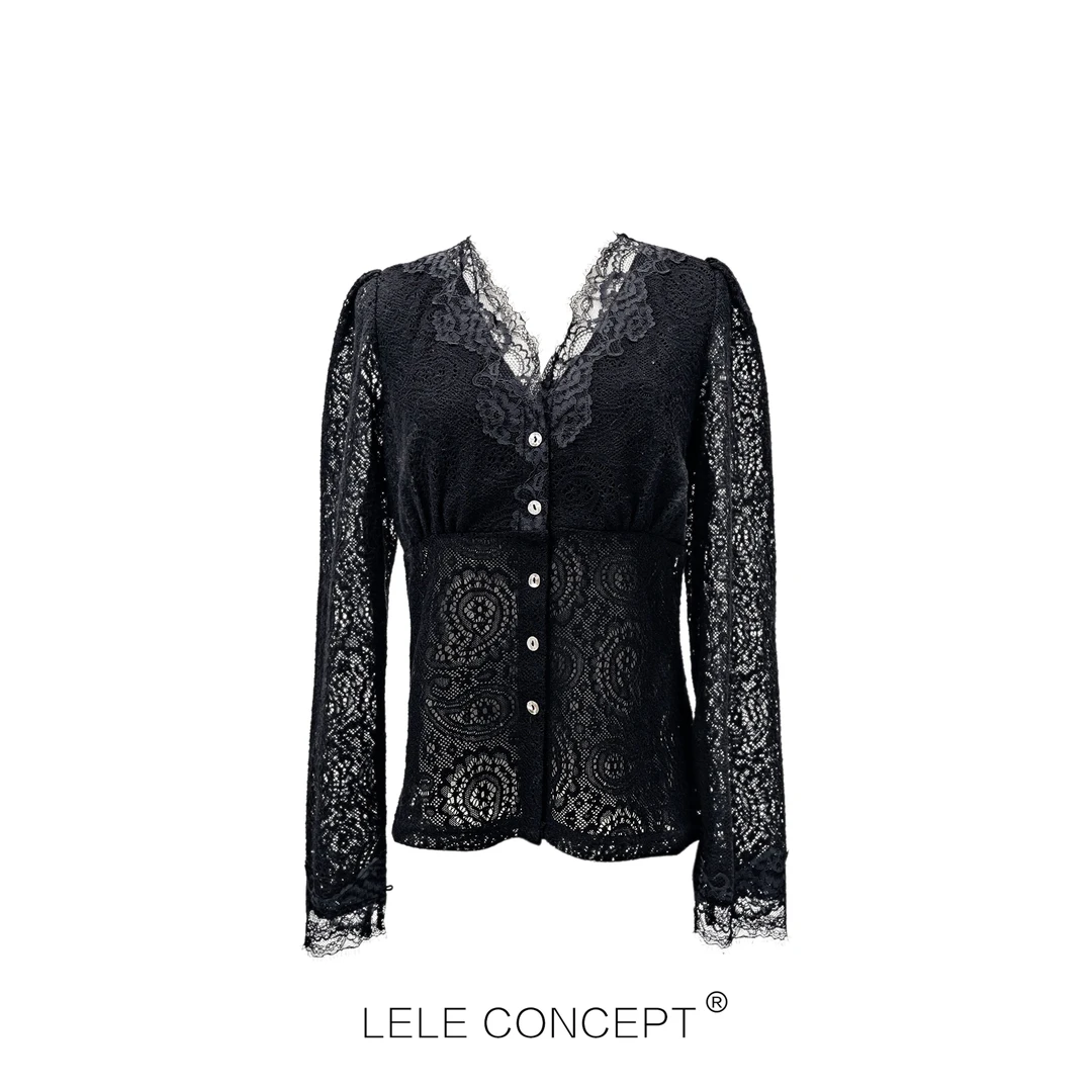 LELE CONCEPT｜【如一】蕾丝扣花两色V领上衣法式长袖轻奢打底S0771