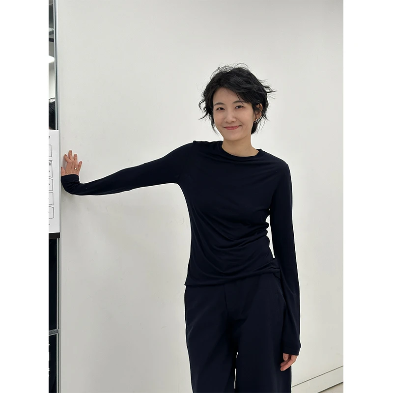 LANGQING 藏青色轻薄圆领长袖t恤女秋装修身显瘦内胆打底衫43420#