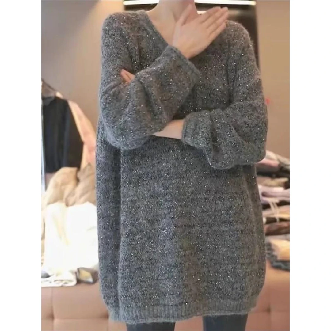 哥弟阿玛施正品洋气减龄亮片领毛衣大码女装微胖早春宽松显瘦长袖