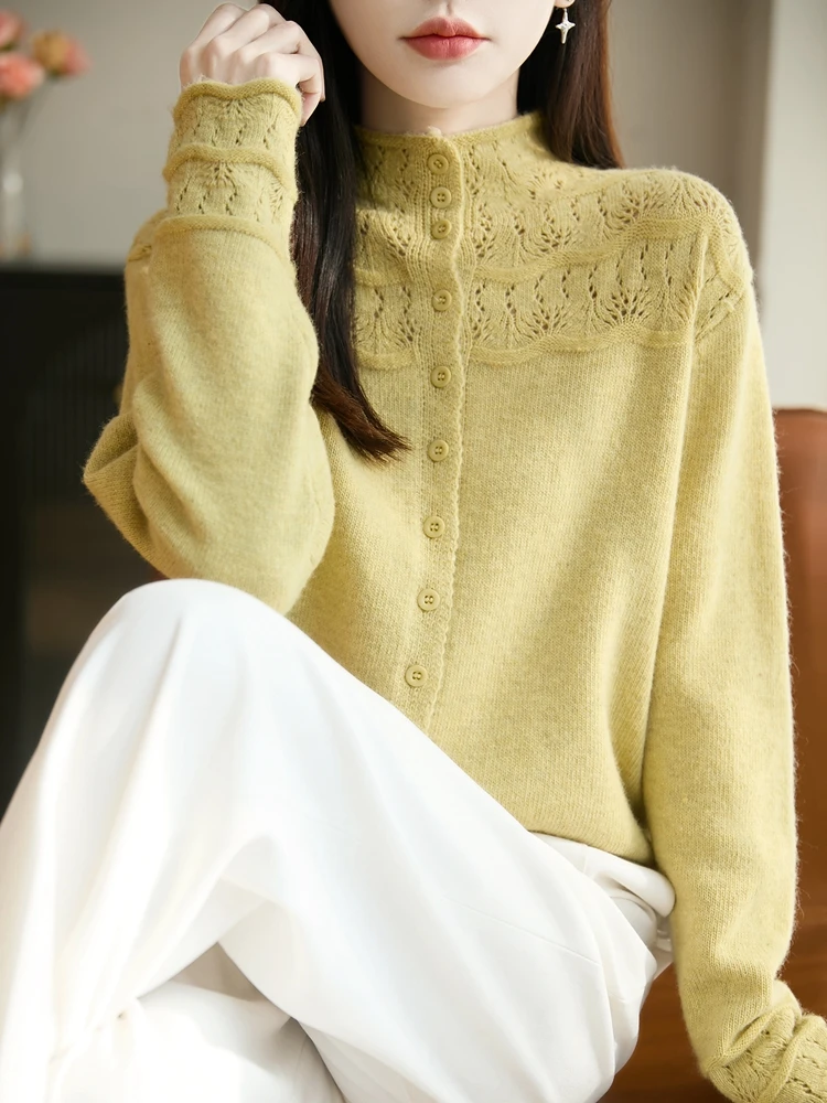 【开衫】蜜熊绒羊毛！高品质~浮雕钩花镂空秋冬针织打底衫宽松女毛衣