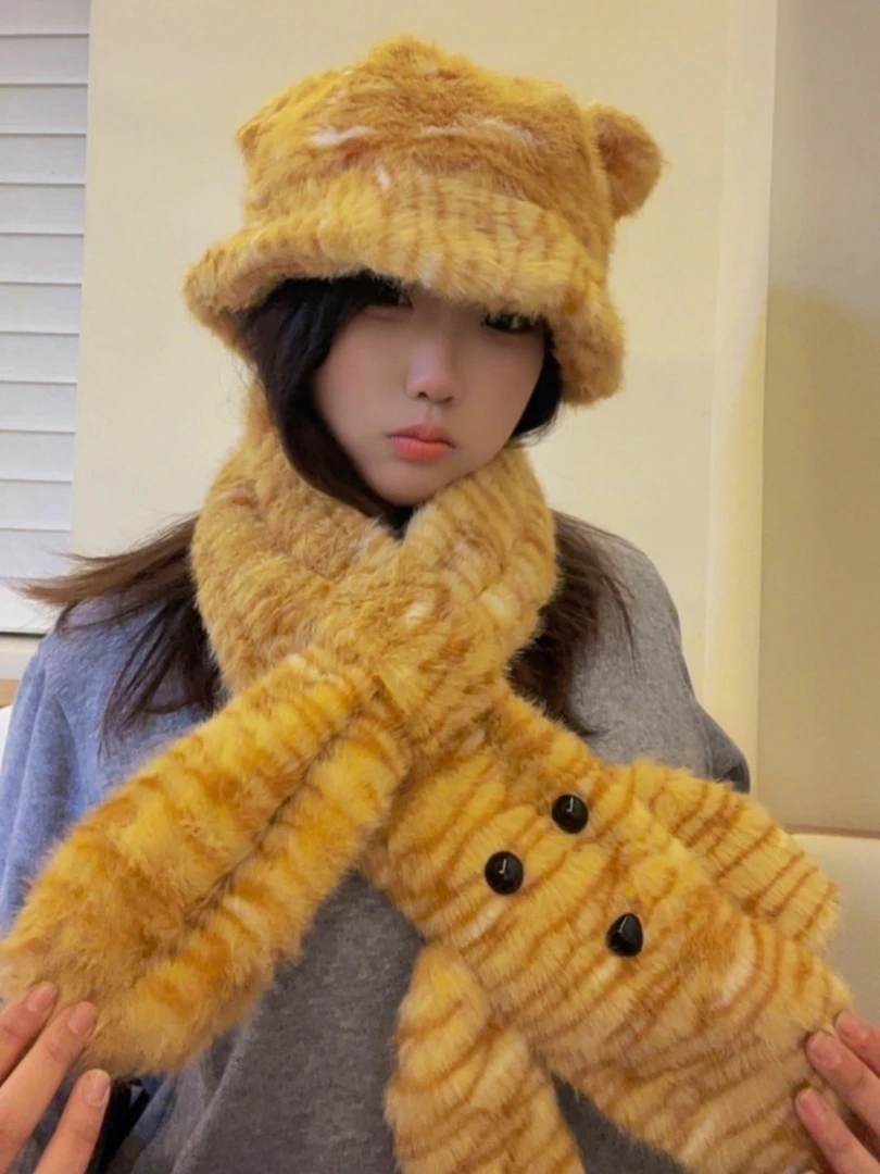 可爱小老虎毛绒绒卡通帽子秋冬小熊耳朵护颈防风渔夫帽保暖围巾qt