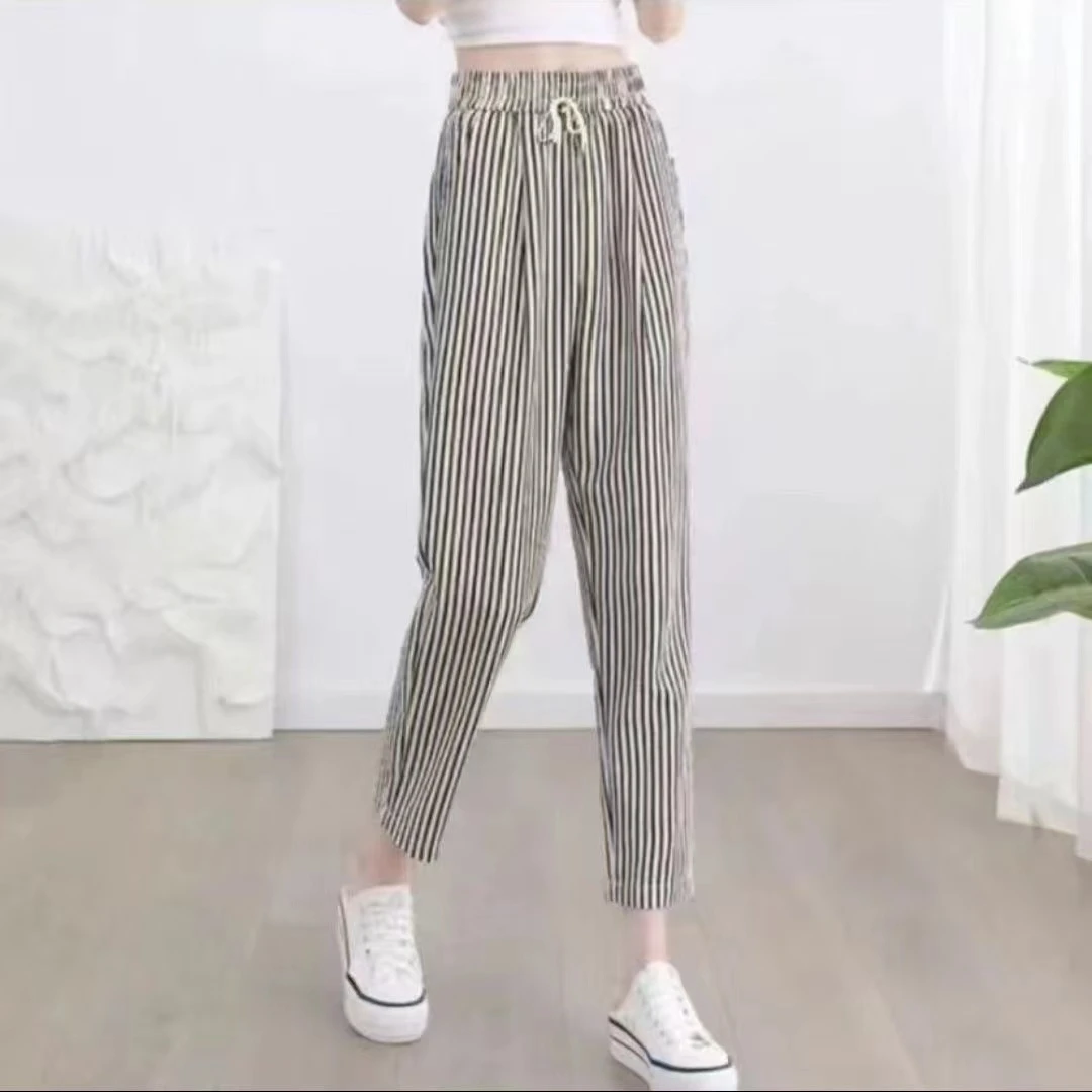 2025夏季高腰条纹显瘦百搭减龄休闲小脚哈伦裤九分裤