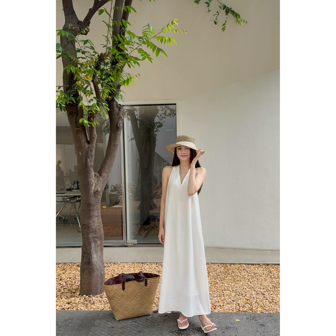 YUJIAHAN于佳含-极简无袖V领棉麻连衣裙女设计感气质高级背心裙