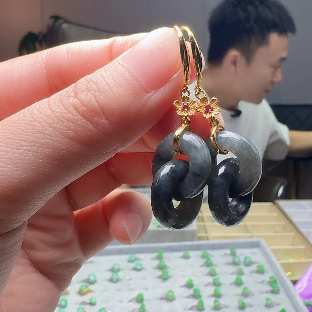 翡翠银S925镶嵌耳饰天然