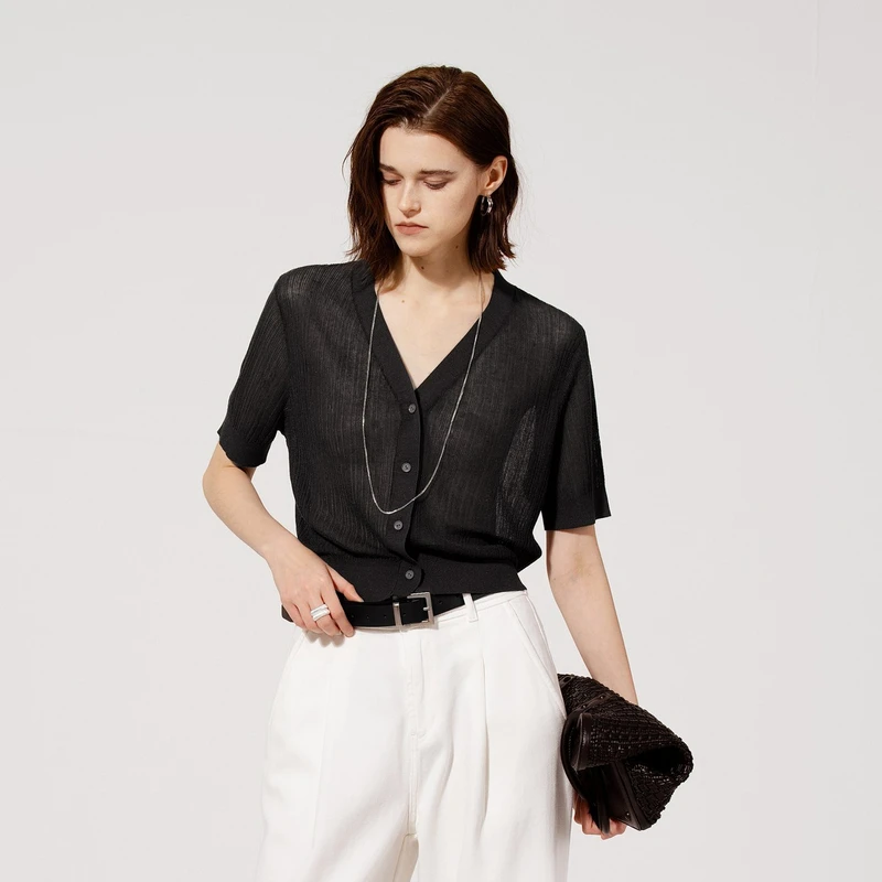 U/TI夏上新亚麻混纺轻薄透视时髦V领洋气时尚显瘦短袖针织开衫