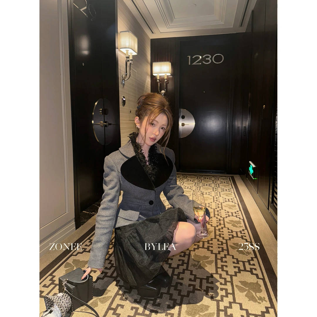 ZONEE vintage是一种感觉 复古摩登100羊毛丝绒拼接灰色收腰西装