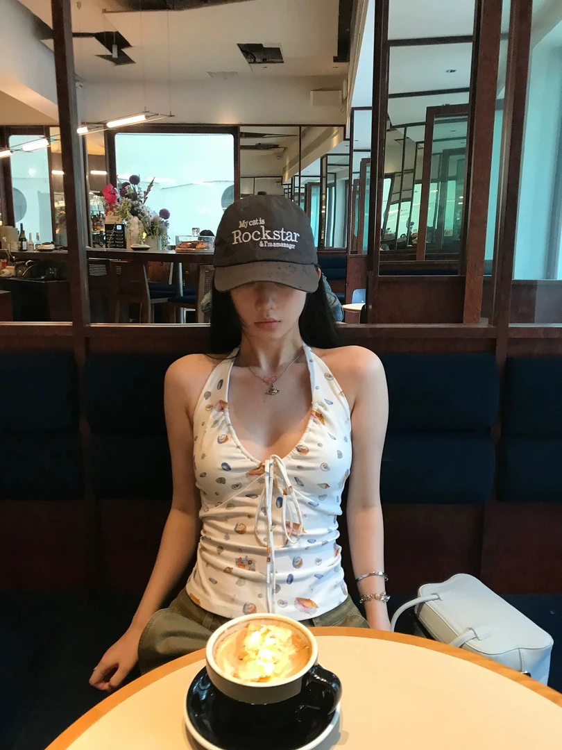 韩系甜美贝壳趣味印花绑带设计挂脖吊带背心女夏季外穿百搭上衣