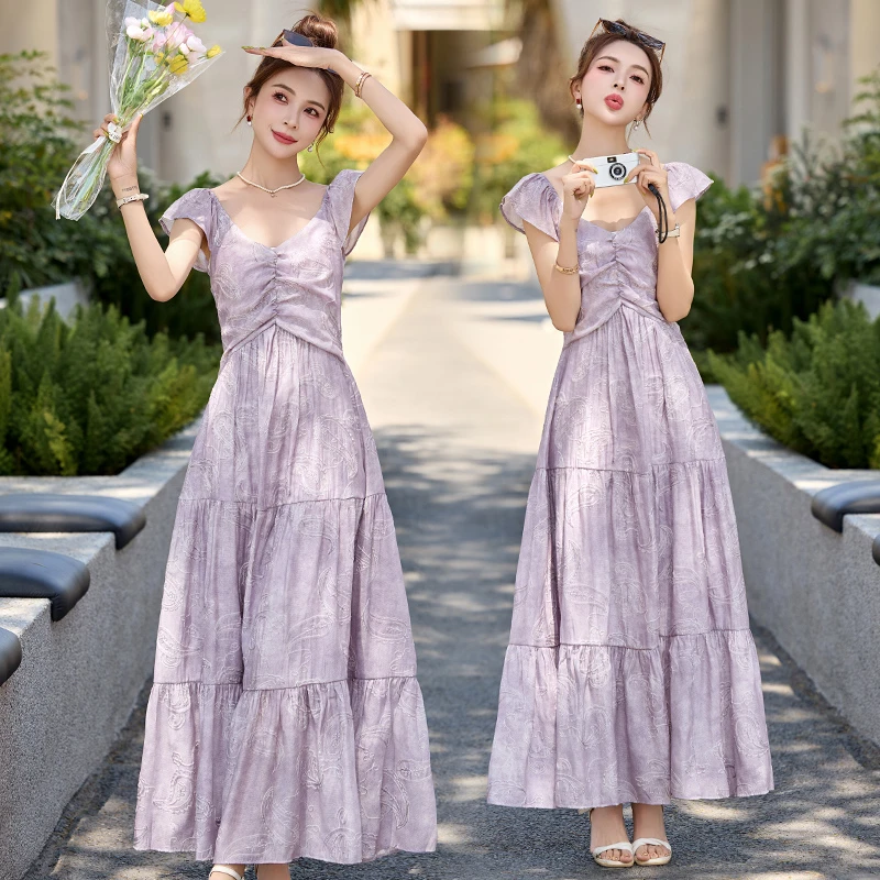 法式水墨晕染碎花连衣裙女2025夏季新款气质减龄收腰显瘦雪纺长裙