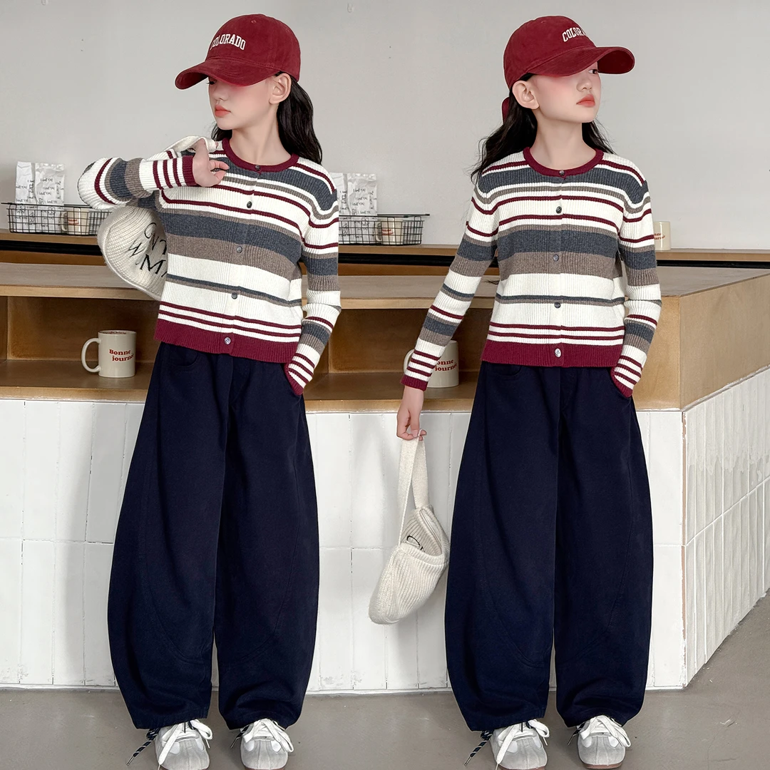 女童套装春秋2025新款儿童洋气条纹毛衣外套女孩秋装阔腿裤两件套