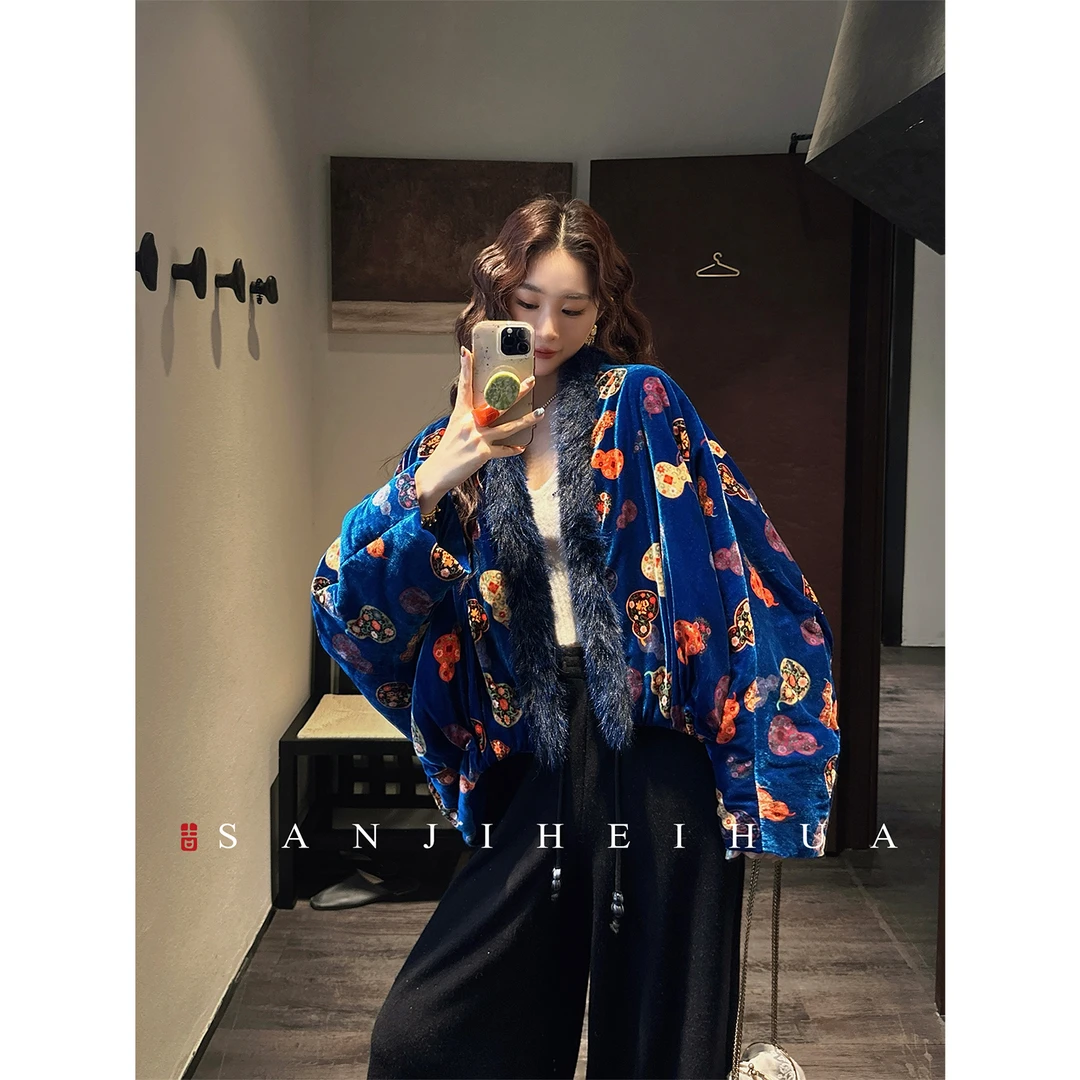 三吉黑花【宝葫芦】新中式毛领短款羽绒服女丝绒冬季外套高端新款